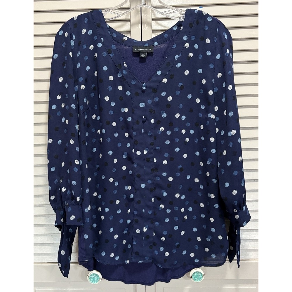 Fortune + Ivy Polka Dot Chiffon Blue/White 3/4 Tie Sleeve Button Blouse Size M
